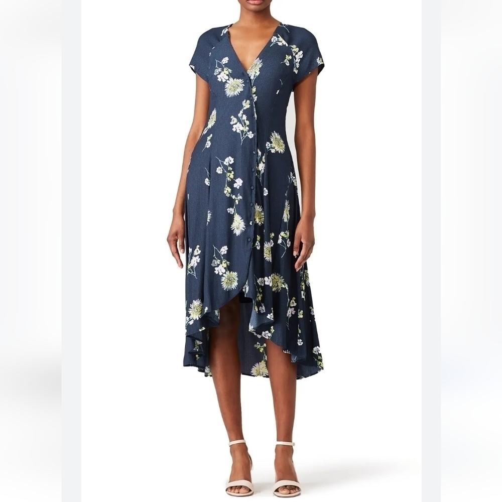 Floral Print High Low Dress V Neck Short Sleeve‎ Casual Summer Dress